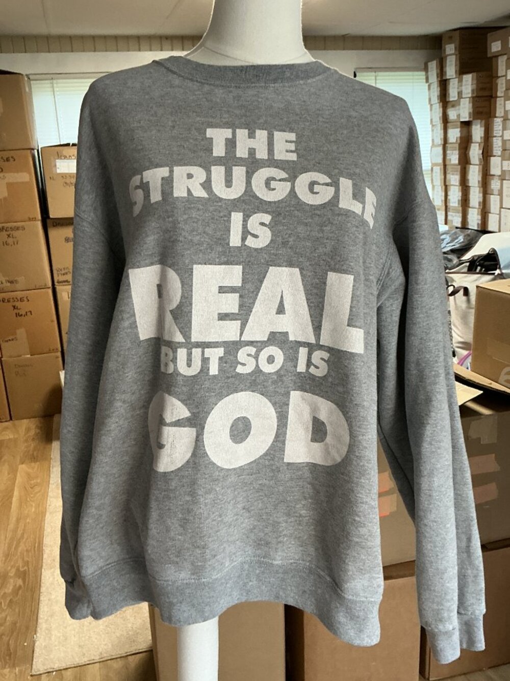 Jerzees NuBlend Christian Faith Crewneck Sweatshirt Gray The Struggle Is Real L - Picture 2 of 9